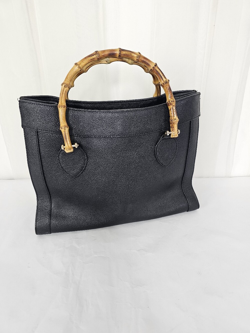 Marquesa Italy Black Pebbled Leather Bamboo Top Handle Tote Bag Diana